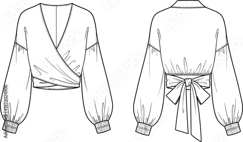 Women fashion wrap blouse flat sketch, technical drawing vector illustration, long puff sleeve crop top, back bow tie design template.