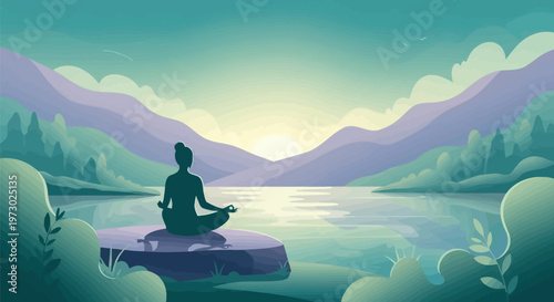 A peaceful woman sitting in the lotus position on a mountain landscape at sunset for meditation and relaxation