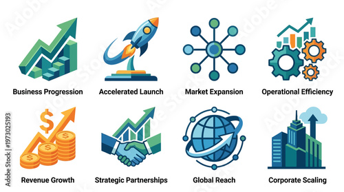 Business growth and development concepts, including progression, launch, expansion, and efficiency