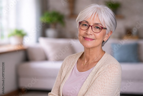 Confident Senior Woman Portrait at Home, Mature Beauty and Healthy Aging