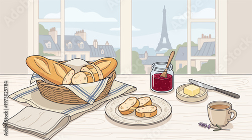 A serene Parisian breakfast scene with bread basket, Eiffel Tower view
