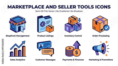 Marketplace and seller tools icons for business management solutions