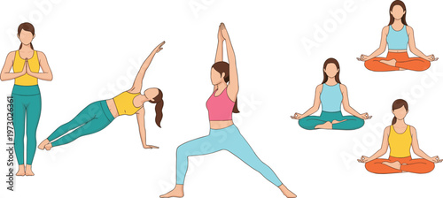 Yoga Pose Icons Set Featuring Meditative, Stretching, and Strengthening Poses for Wellness, Fitness, and Mindfulness Designs
