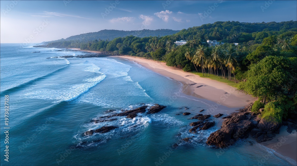 Fototapeta premium Serene Coastal Landscape with Gentle Waves and Lush Greenery in Bright Morning Light