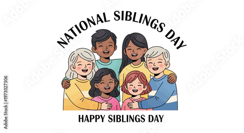 Illustration of diverse siblings together celebrating National Siblings Day with a joyful and colorful design