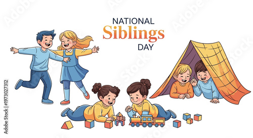 Illustration of happy siblings playing together in a tent on National Siblings Day with colorful toys and a joyful atmosphere.