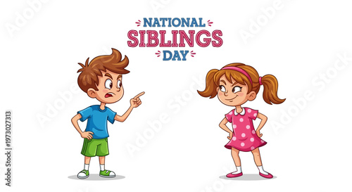 Illustration of a boy and girl celebrating National Siblings Day with a playful gesture on a white background with colorful text.