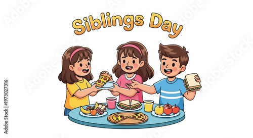 Illustration of happy siblings enjoying a meal together on National Siblings Day with colorful food and drinks on a blue tray.