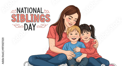 Illustration of a woman and two children celebrating National Siblings Day with a warm and loving family moment.