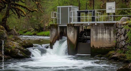 Water rushing through a dam structure in a natural landscape