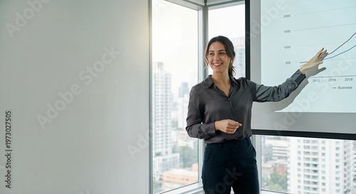 A businesswoman presents a financial report to her colleagues in a modern office with a city view.