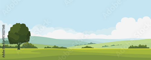 Beautiful landscape of a green valley. Nature wallpaper featuring green fields, mountains, hills, and trees. Vector illustration of a panoramic rural landscape.