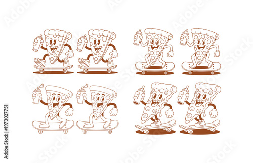 Skateboarding Pizza Slice Characters with Spray Cans vector