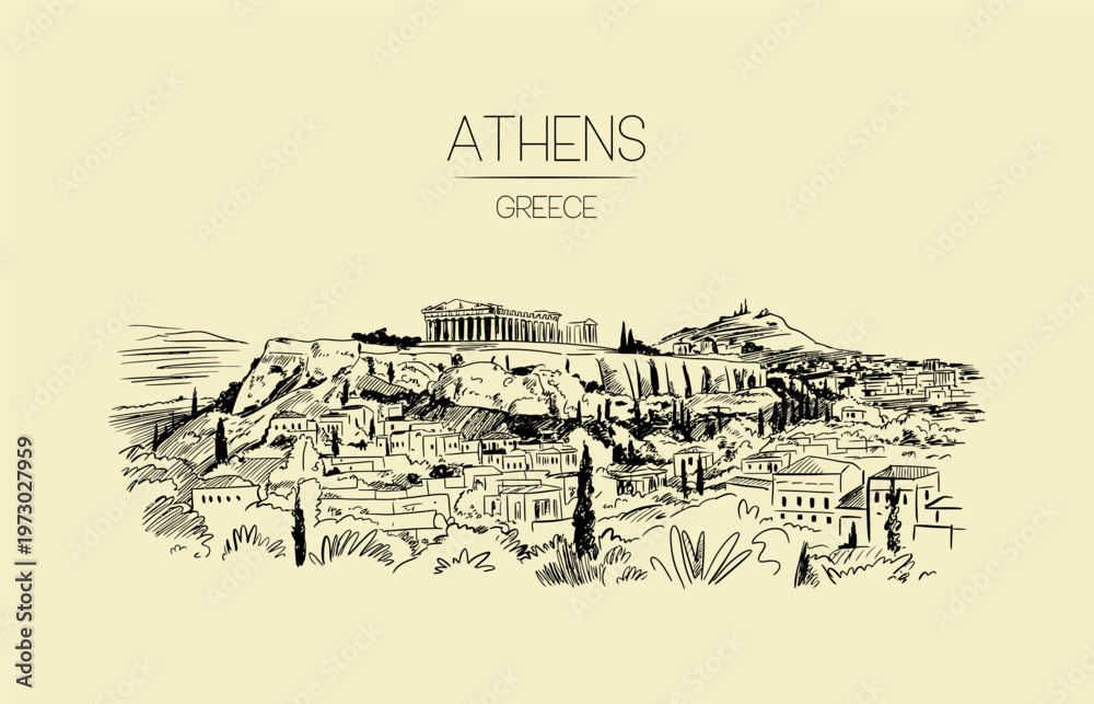 Naklejka premium Athens Greece Acropolis panoramic sketch with text Parthenon ancient