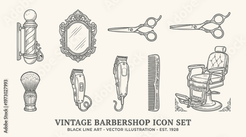Vintage barbershop icon set with pole clippers comb and razor