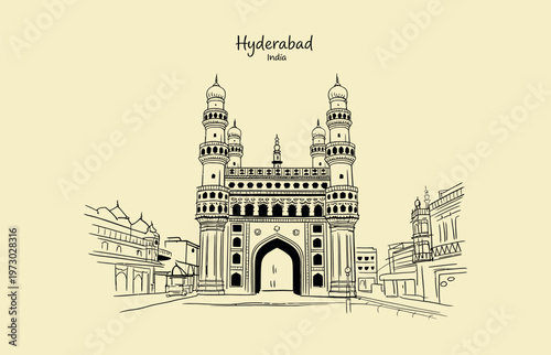 Hyderabad India Charminar monument sketch with text architecture