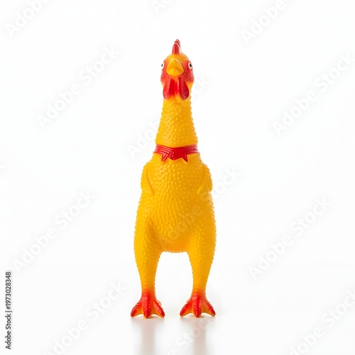 Squeaky rubber chicken toy on a white background, a fun and silly novelty item