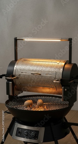 Modern outdoor grill with rotisserie cooking sausages under a warm light, perfect for backyard barbecues.
