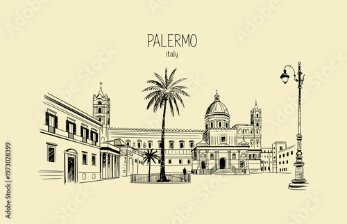 Palermo Italy cathedral sketch with palm trees and text architecture dome