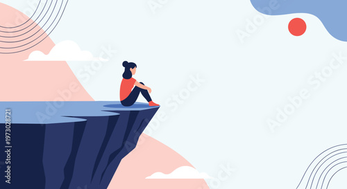 Pensive woman sitting on the edge of a high cliff looking at the horizon in a minimalist conceptual landscape.