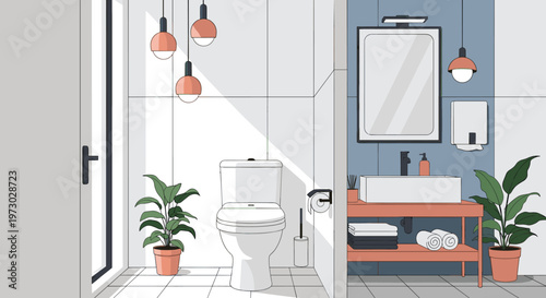 Clean and modern bathroom interior featuring a white toilet, wooden vanity with sink, mirror, and decorative plants.