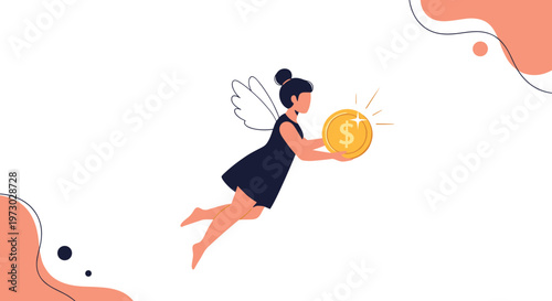 Angelic female figure with wings flying and carrying a large golden dollar coin on a white abstract background.
