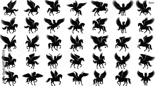Silhouette Set of Flying Pegasus and Winged Horses in Various Poses, Hand-Drawn Vector Collection for Fantasy and Mythology Themes