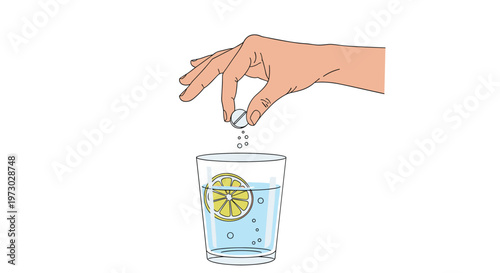 Close up of a human hand dropping a medicine pill into a glass of sparkling water with a slice of fresh lemon.