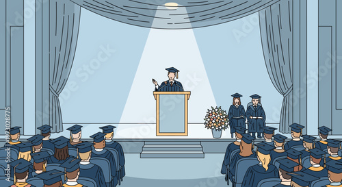 Graduating student wearing a cap and gown speaks at a podium during a formal commencement ceremony on a stage with a spotlight.