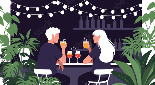 Young couple enjoys cocktails at a tropical bar decorated with lush green plants and hanging string lights for a cozy atmosphere.