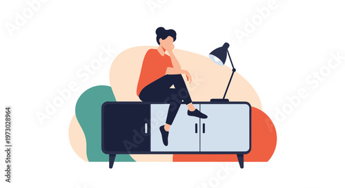 Thoughtful person wearing a red shirt sits on a piece of furniture next to a lamp, appearing lost in deep contemplation and reflection.