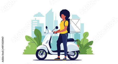 Urban delivery courier wearing a backpack stands next to a white motor scooter against a modern city skyline with tall buildings.