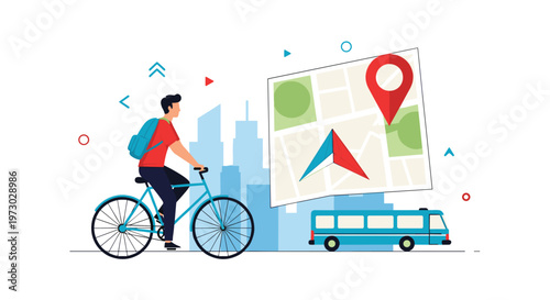 Active person rides a bicycle through a city street while a large digital map with a location pin appears in the background for guidance.