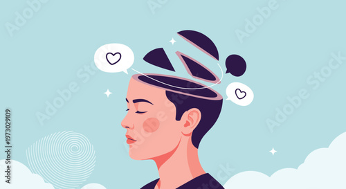 Artistic representation of mental health showing a person's head opening up with floating heart icons and speech bubbles above.