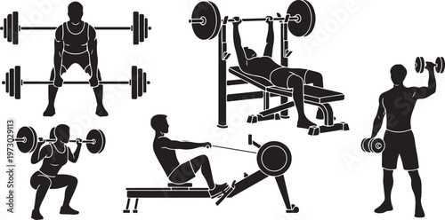 A collection of black silhouettes showing people performing various gym and weightlifting exercises
