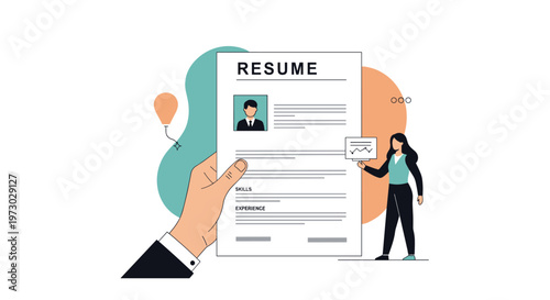Employer's hand holds a resume document while a smaller figure points to a data chart, illustrating the professional hiring process.