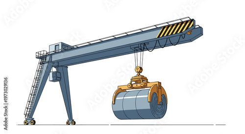 Powerful industrial gantry crane at a port or factory lifts a massive roll of sheet metal using a heavy-duty mechanical claw.