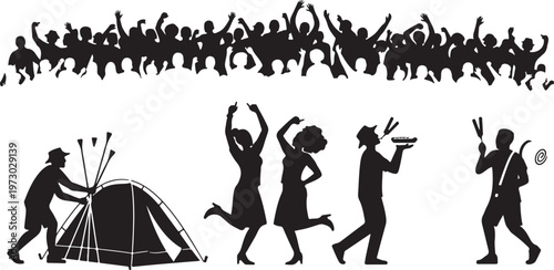 Festival Crowd Silhouette Set – Party Celebration People Vector
