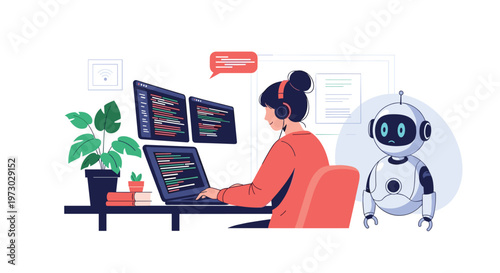 Software engineer sits at a desk with multiple monitors displaying code while a small robot assistant waits nearby to provide help.