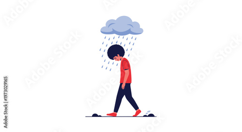 Sad individual walks with a slumped posture while a dark personal rain cloud follows them, symbolizing depression or a bad day.