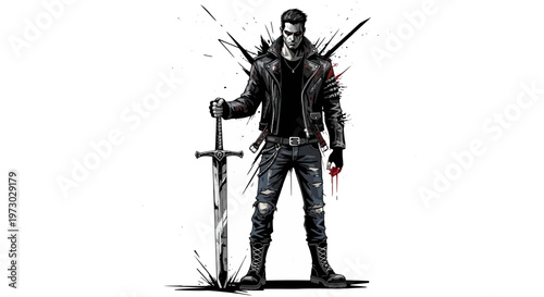 Warrior with Sword, Leather Jacket, Ripped Jeans, Grunge Style