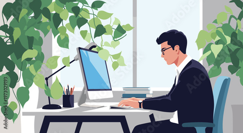 Office worker sits at a computer desk surrounded by many lush green houseplants, creating a healthy and biophilic workspace environment.