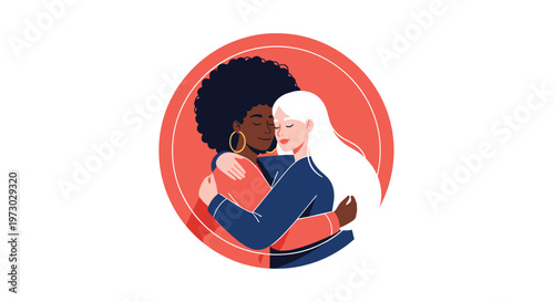 Two female friends share a supportive hug within a red circular frame, representing emotional connection and solidarity between women.