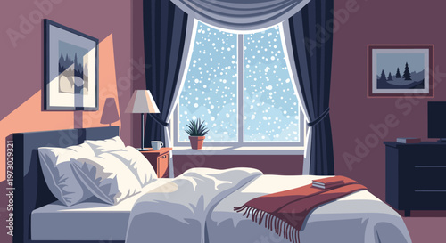Comfortable bedroom with a made bed and a window view of falling snow, creating a cozy and peaceful winter atmosphere indoors.