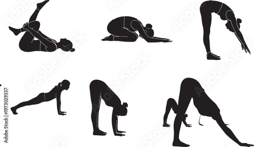 A collection of black silhouettes showing a woman performing various yoga poses on white background