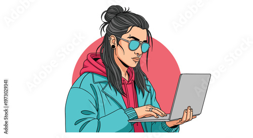 Trendy individual with long hair and cool sunglasses works on a laptop, representing a modern creative professional or freelancer.