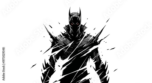Dark Superhero Silhouette with Glowing Eyes and Sharp Edges