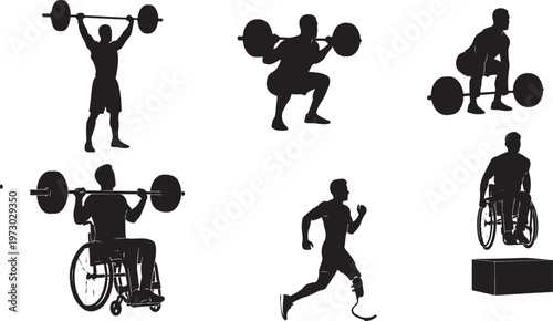 A collection of black silhouettes showing diverse athletes performing various fitness exercises.