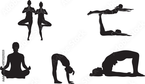 A collection of black silhouettes showing people practicing various yoga poses on a white background