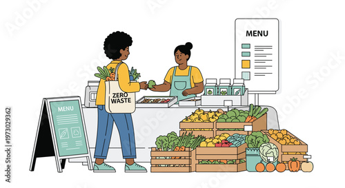 Environmentally conscious shopper buys fresh vegetables at a zero-waste grocery stall from a friendly vendor using a cloth tote bag.
